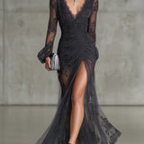 Sofia | Robe Maxi Froncée en Dentelle Gris Foncé