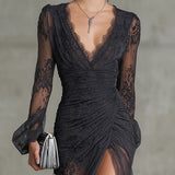 Sofia | Robe Maxi Froncée en Dentelle Gris Foncé