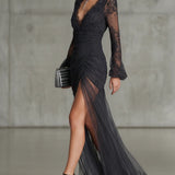 Sofia | Robe Maxi Froncée en Dentelle Gris Foncé