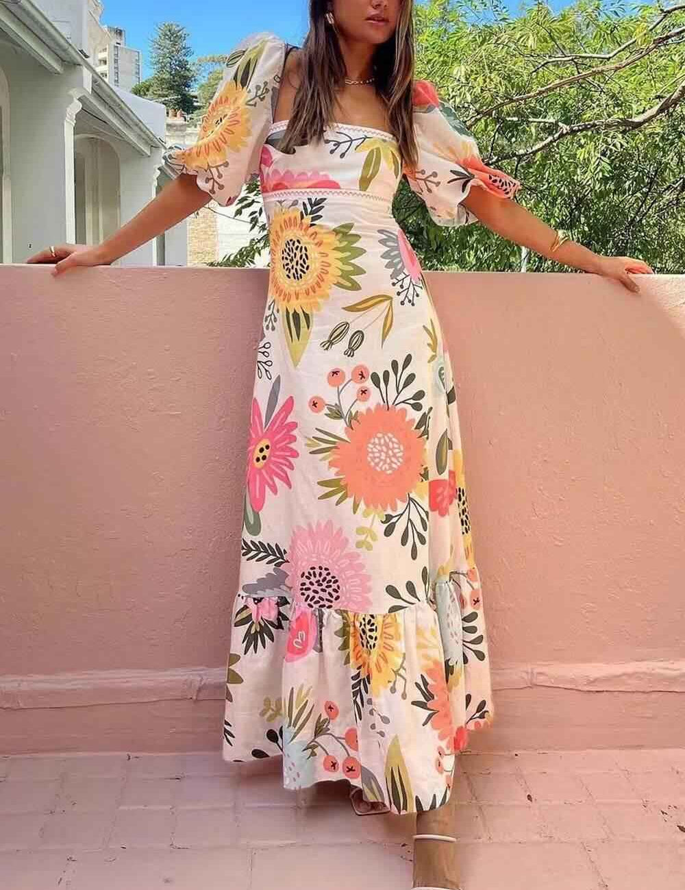 Ivy | Robe Maxi à Imprimé Floral avec Décolleté Carré pour les Vacances