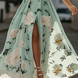 Julie | Robe Maxi Chiffon Florale à Épaules Dégagées Vert Clair