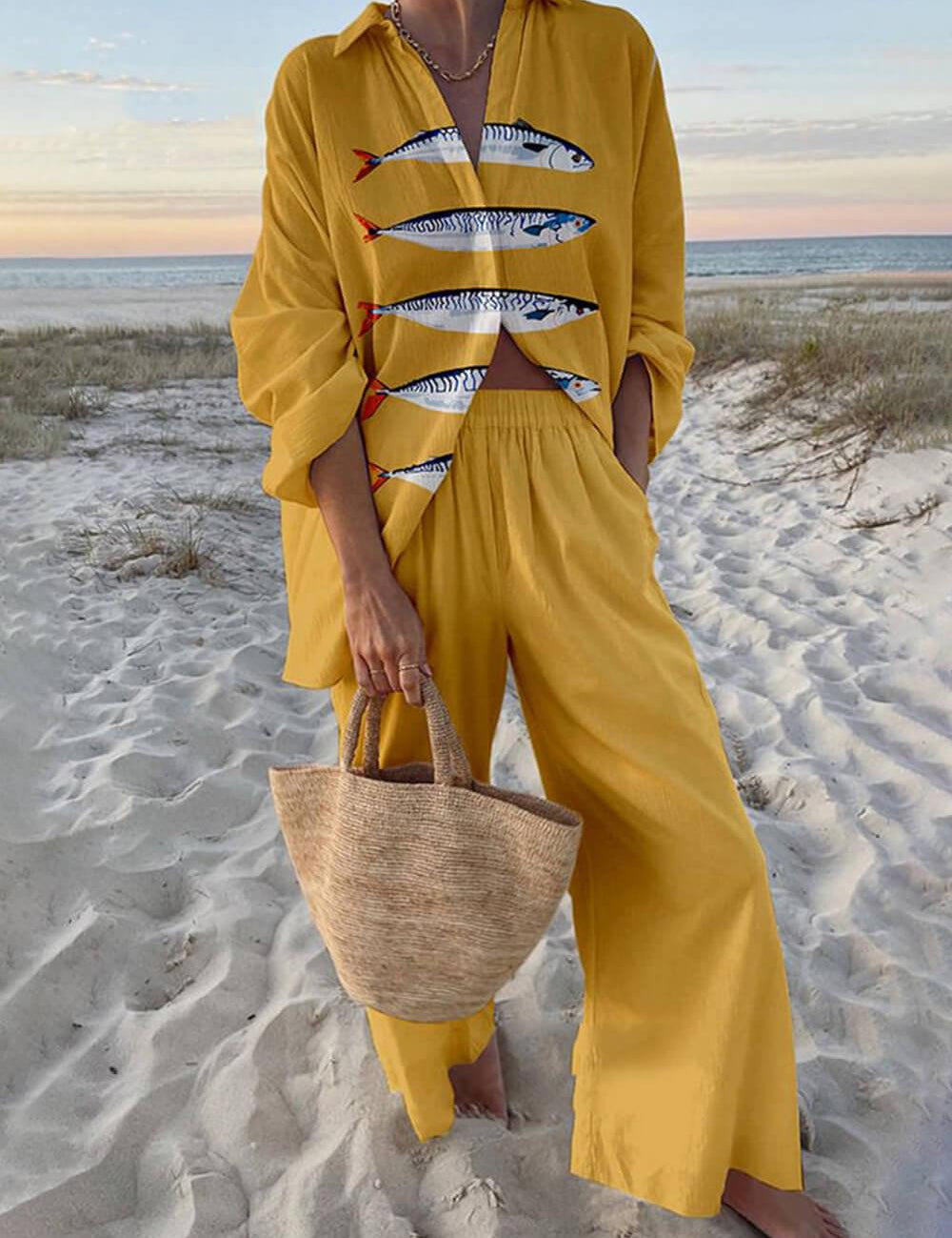 Mae | Chemise Oversize Complète avec Imprimé Océan de Style Insulaire et Pantalons avec Poches Élastiques