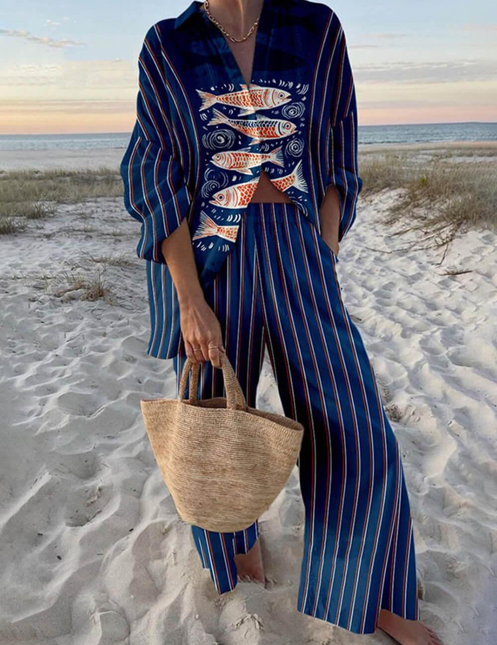 Mae | Chemise Oversize Complète avec Imprimé Océan de Style Insulaire et Pantalons avec Poches Élastiques