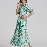 Candlia | Robe Midi à Manches Bouffantes et Imprimé Abstrait