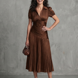 Théodora | Robe midi à taille plissée et rayures