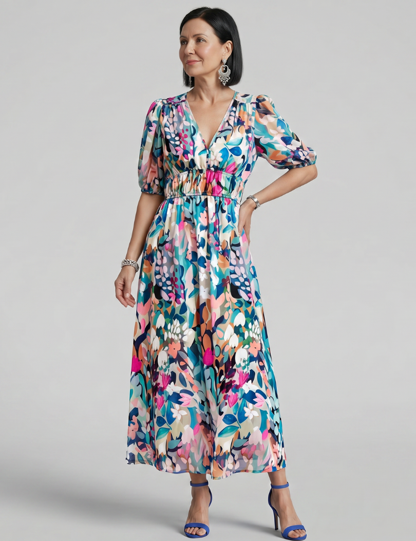 Candlia | Robe Midi à Manches Bouffantes et Imprimé Abstrait