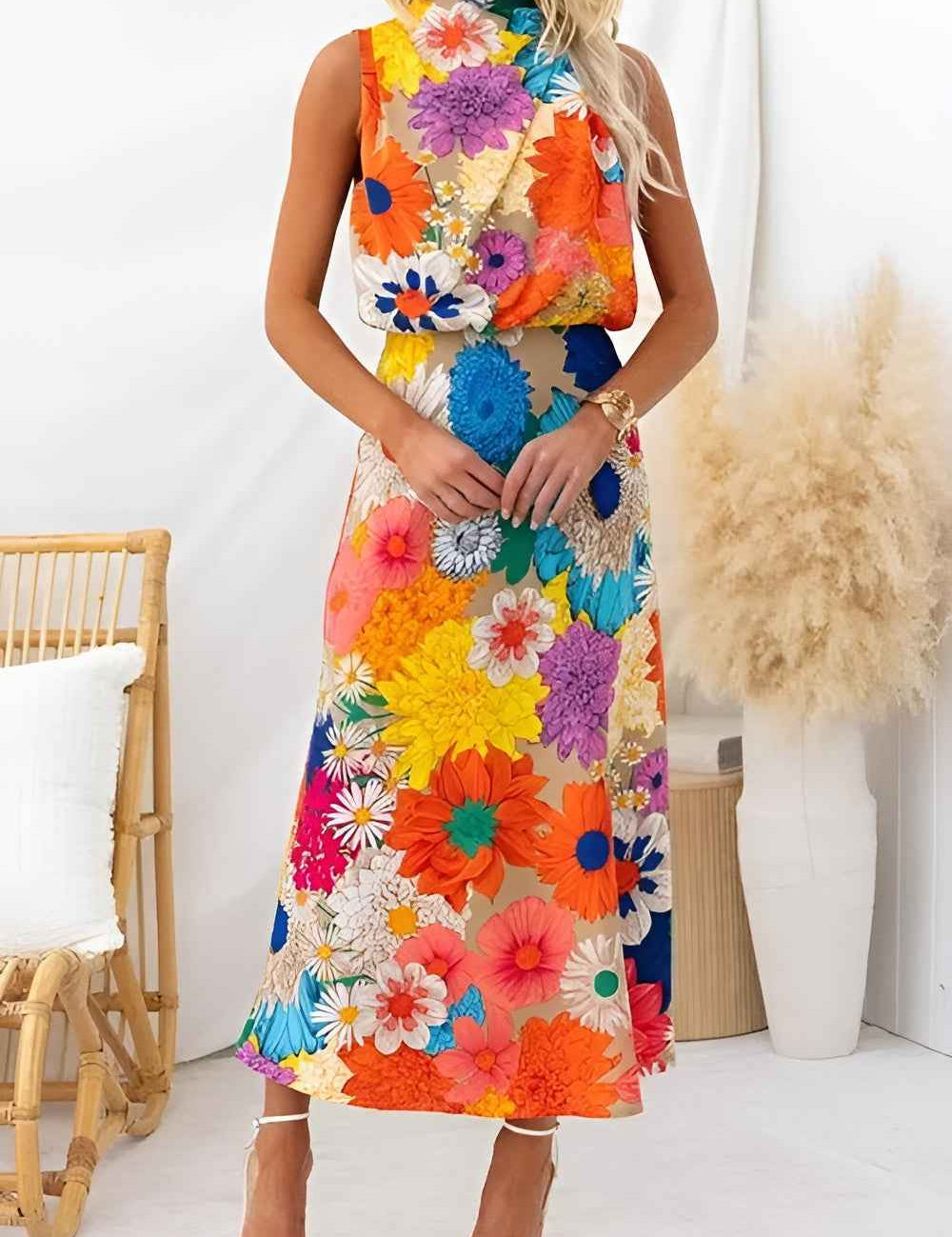 Estate | Robe maxi sans manches avec nœud à la taille et imprimé floral