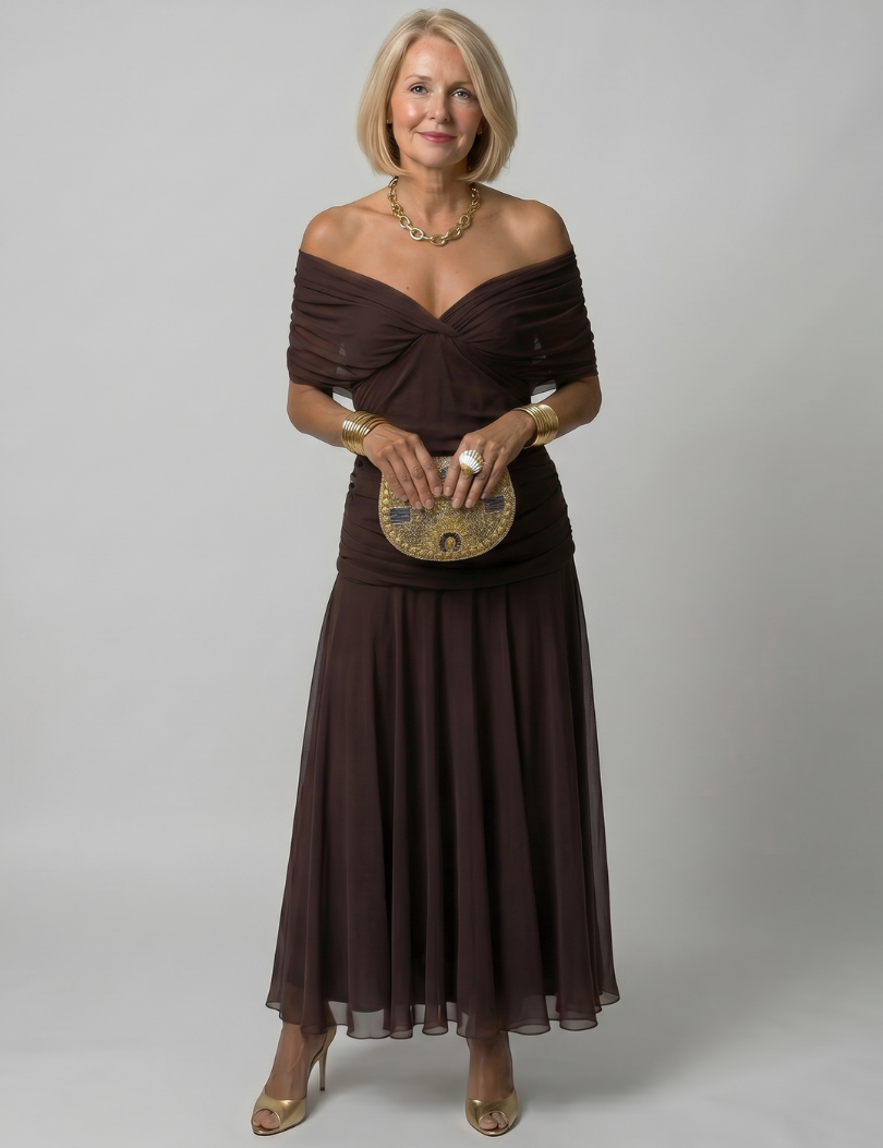 Calen | Robe Midi Décontractée à Épaules Dénudées