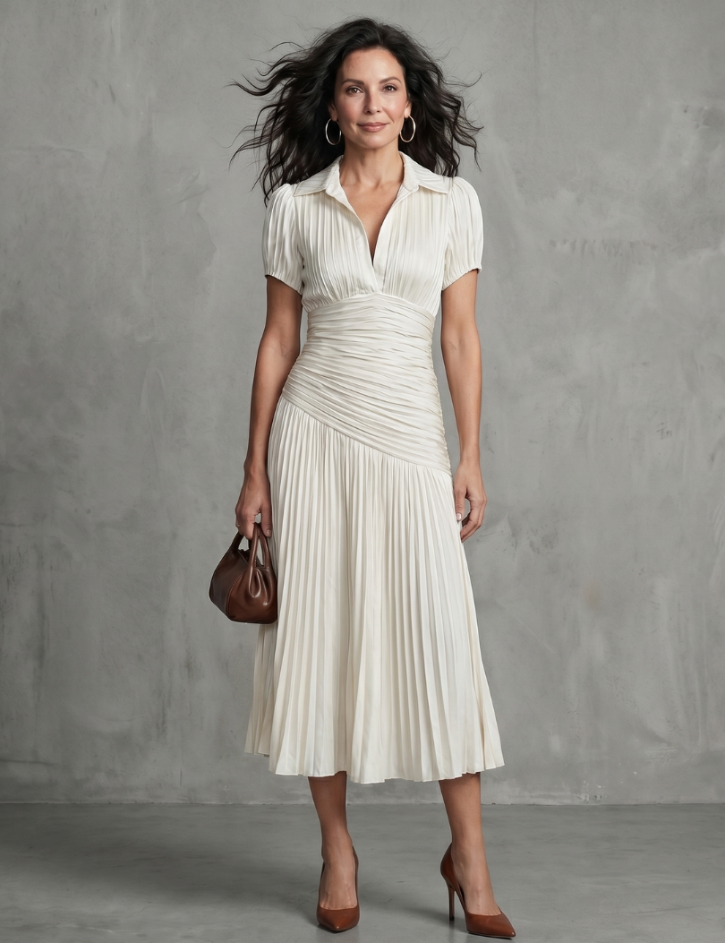 Théodora | Robe midi à taille plissée et rayures