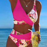 Bikini avec motif floral contrastant et fente