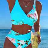 Bikini avec motif floral contrastant et fente