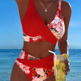 Bikini avec motif floral contrastant et fente