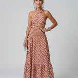 Amira | Robe Midi à Découpe en Imprimé Géométrique avec Col Croisé