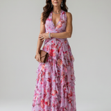 Nori | Robe Maxi Fleurie à Encolure Halter et Corps Froncé