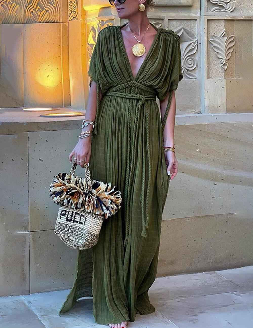 Elena | Robe Maxi avec Fente et Kimono et Tresses