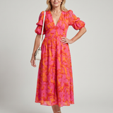 Zarelle | Robe Midi à Imprimé Floral Audacieux avec Manches Bouffantes en V