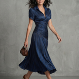 Théodora | Robe midi à taille plissée et rayures