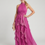 Orea | Robe Maxi à Encolure Haute avec Volants Froncés