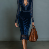 Robe Midi en Velours avec Décolleté en V et Dentelle