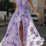 Julie | Robe Maxi Chiffon Florale à Épaules Dégagées Vert Clair