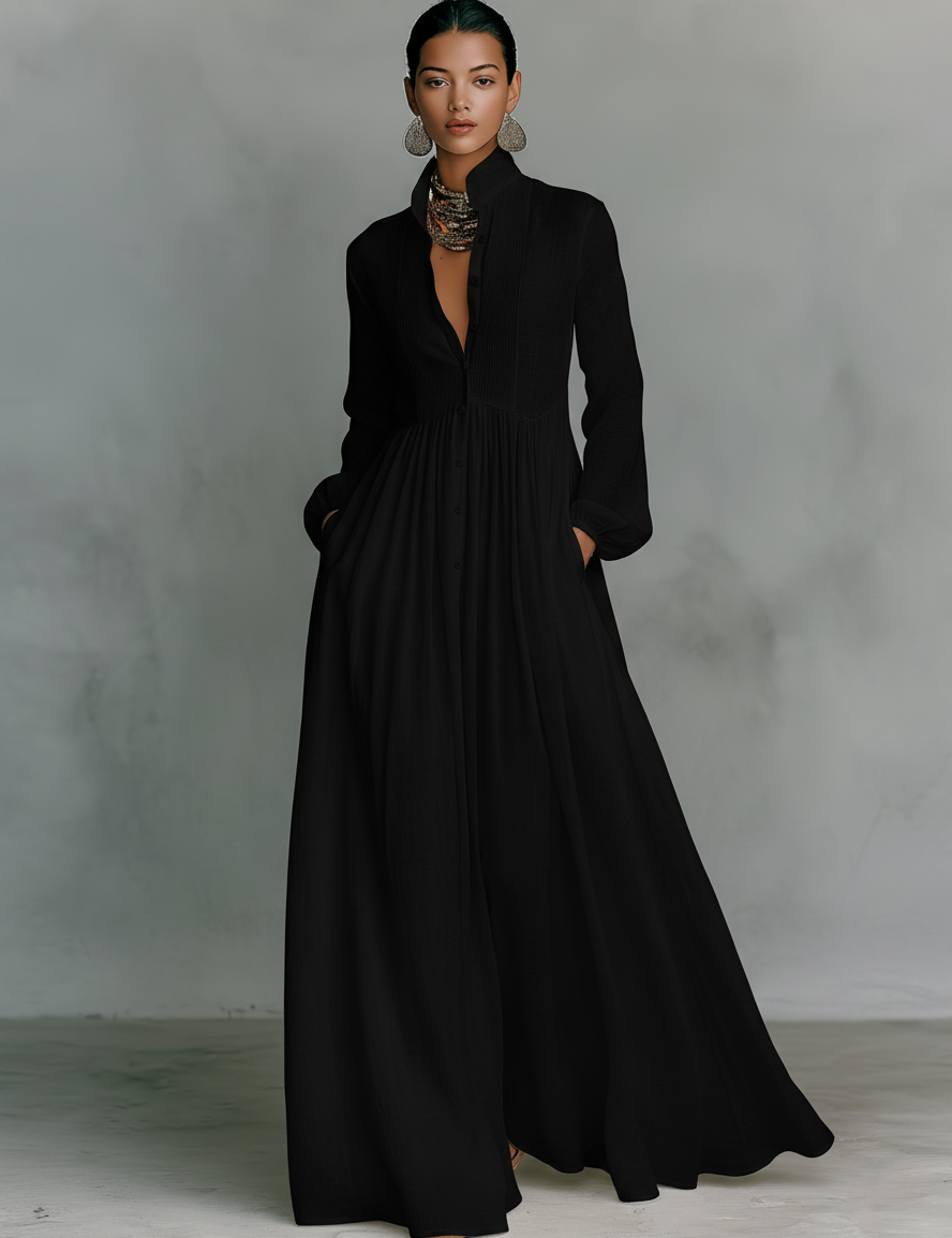 Robe Maxi en Lin Patchwork Col Montant