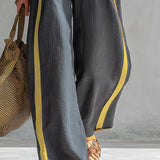 Liliana - Ensemble élégant et décontracté avec gilet et pantalons en coton et lin gris avec bordures