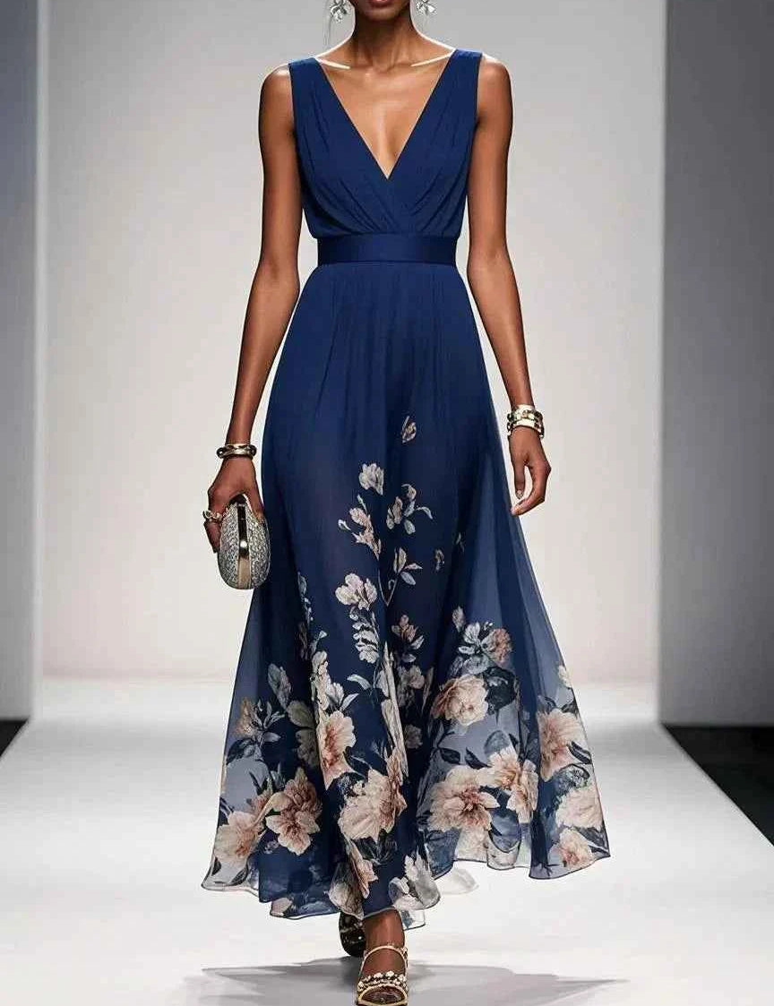 Rosa | Robe Maxi en Chiffon avec Fleurs Bleu Clair et Décolleté en V