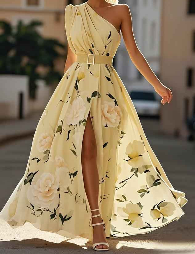 Julie | Robe Maxi Chiffon Florale à Épaules Dégagées Vert Clair