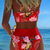 Bikini avec motif floral contrastant et fente
