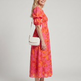 Zarelle | Robe Midi à Imprimé Floral Audacieux avec Manches Bouffantes en V