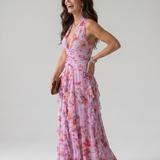 Nori | Robe Maxi Fleurie à Encolure Halter et Corps Froncé