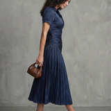 Théodora | Robe midi à taille plissée et rayures