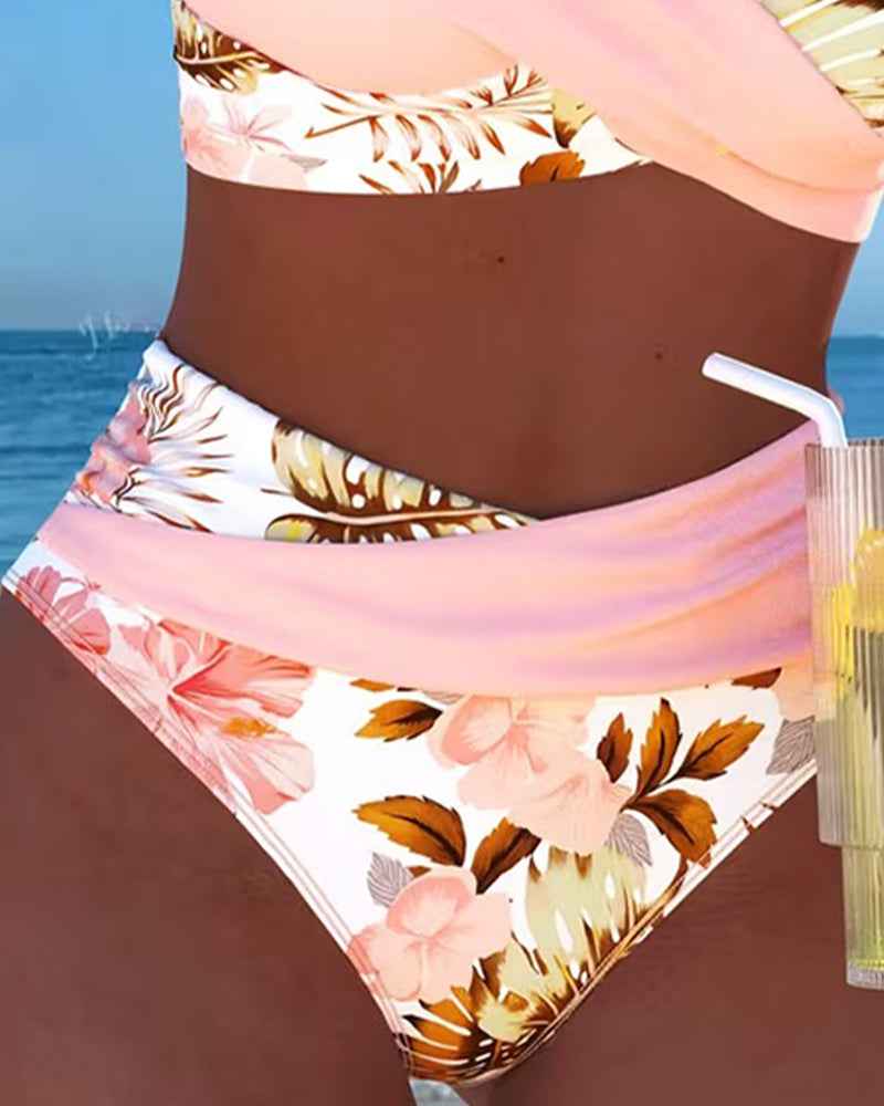 Bikini avec motif floral contrastant et fente