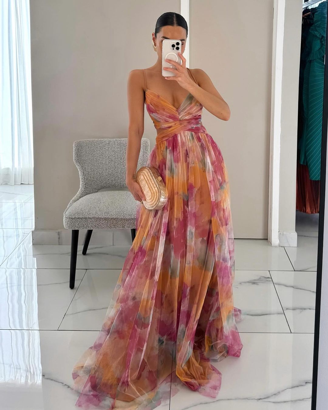 Elodie™ | Robe de soirée longue avec motif aquarelle