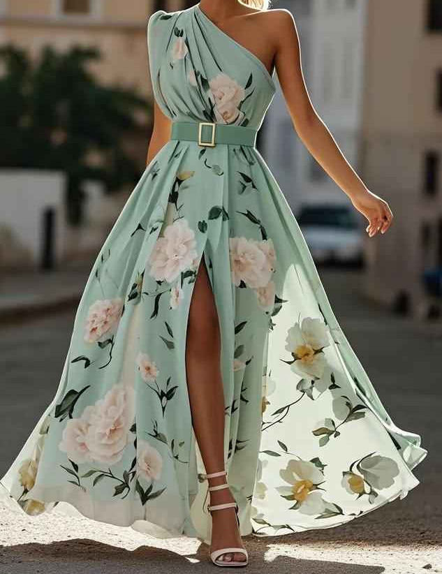Julie | Robe Maxi Chiffon Florale à Épaules Dégagées Vert Clair