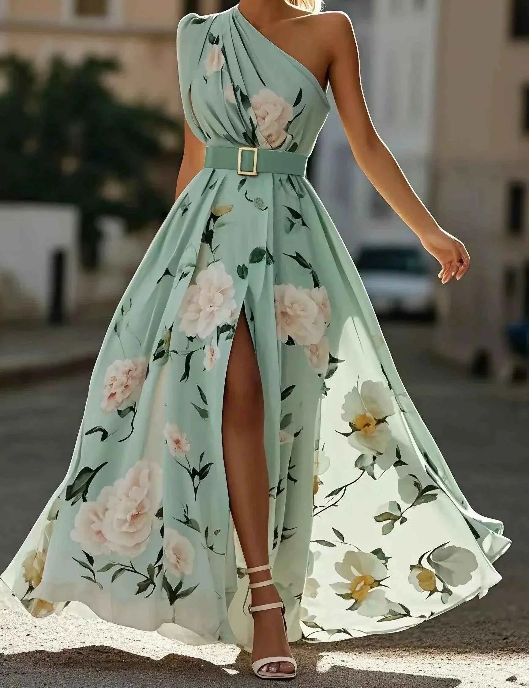 Julie | Robe Maxi Chiffon Florale à Épaules Dégagées Vert Clair