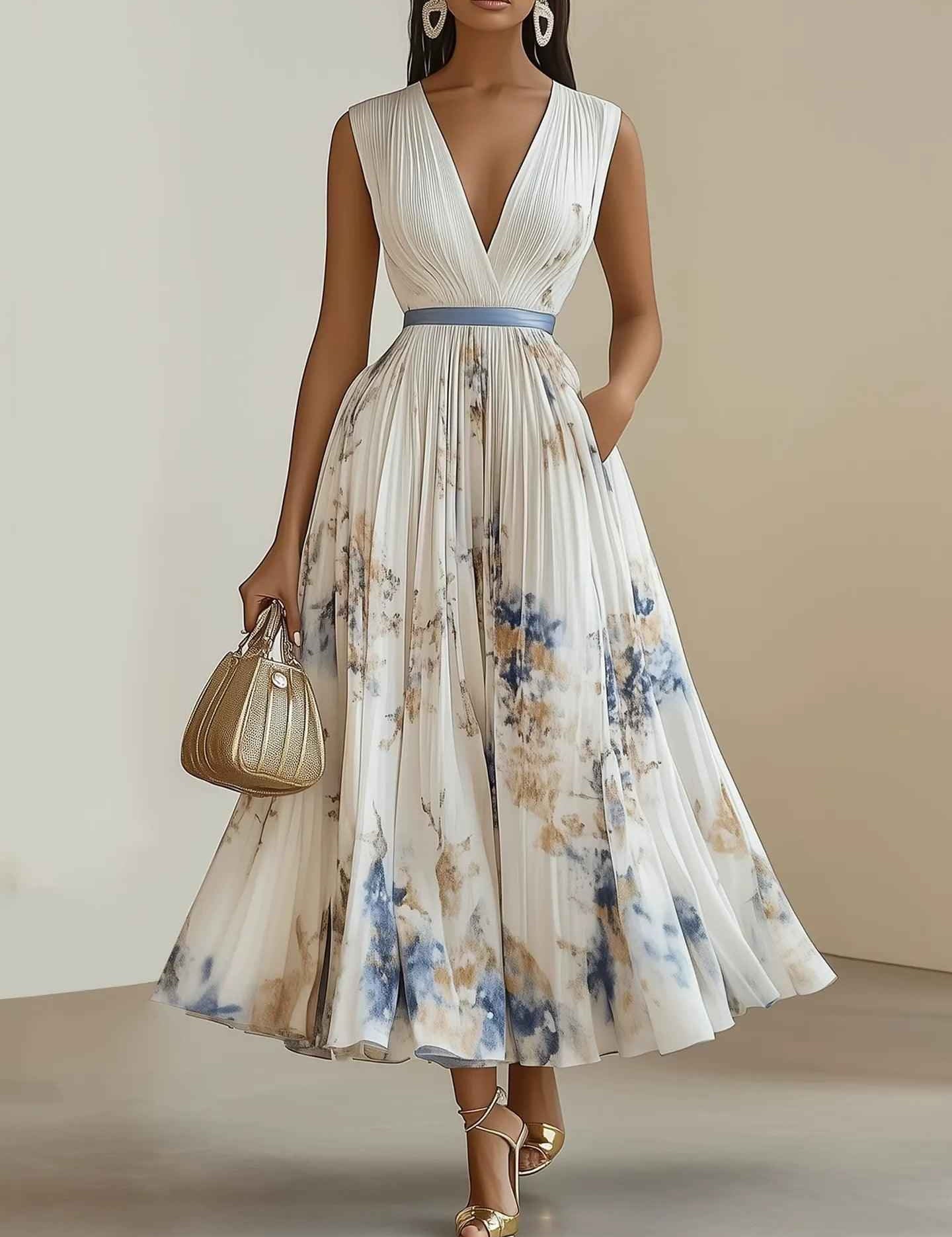Chloé | Robe midi plissée en chiffon floral blanc avec décolleté en V