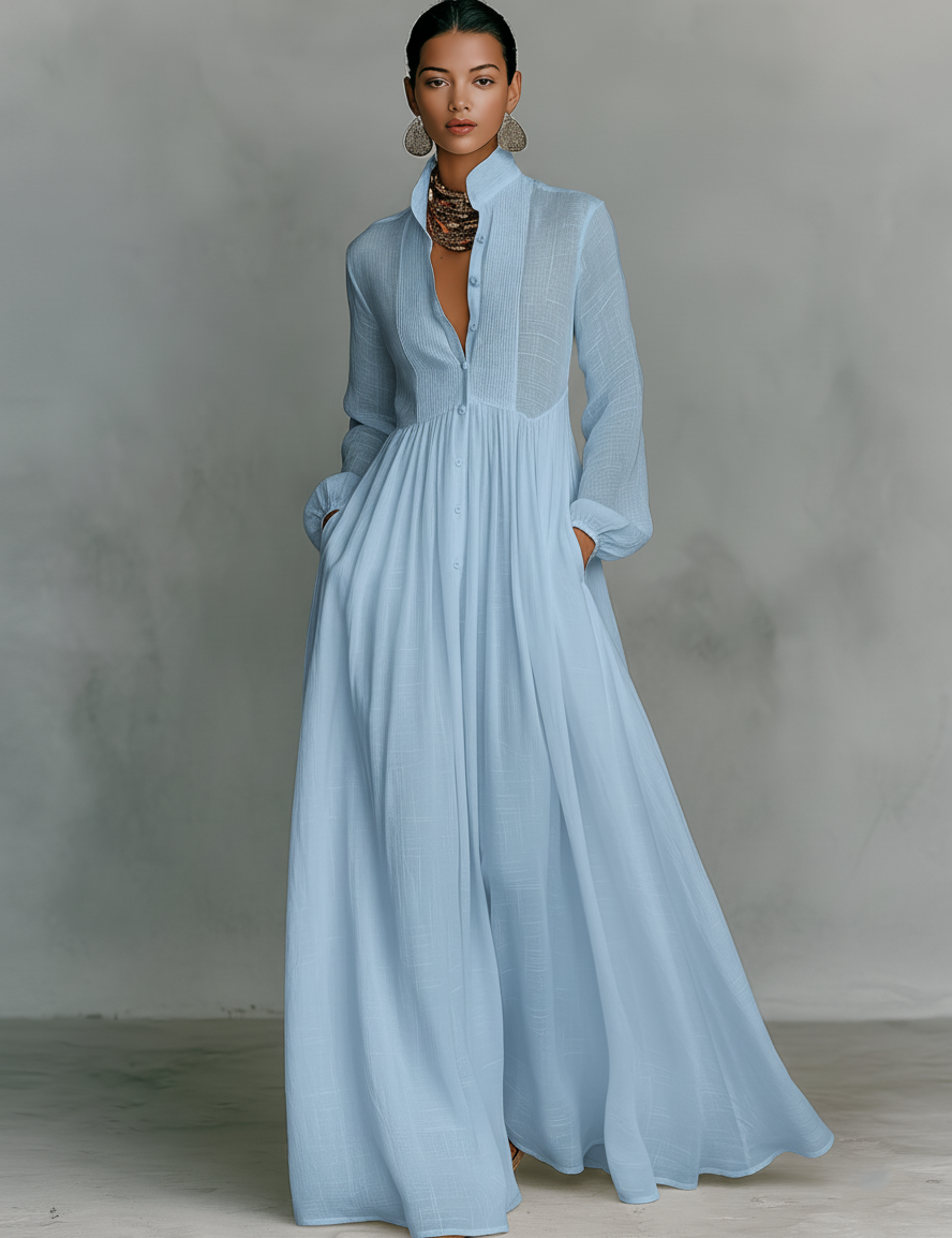 Robe Maxi en Lin Patchwork Col Montant
