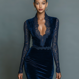 Robe Midi en Velours avec Décolleté en V et Dentelle