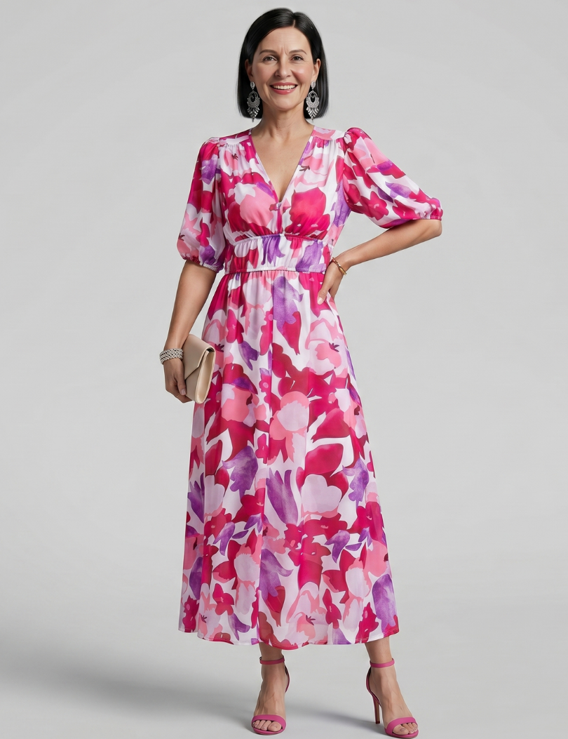 Candlia | Robe Midi à Manches Bouffantes et Imprimé Abstrait