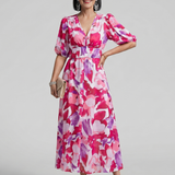 Candlia | Robe Midi à Manches Bouffantes et Imprimé Abstrait