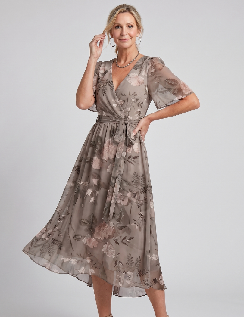 Mirabel | Robe midi à manches volantées et taille froncée avec imprimé floral