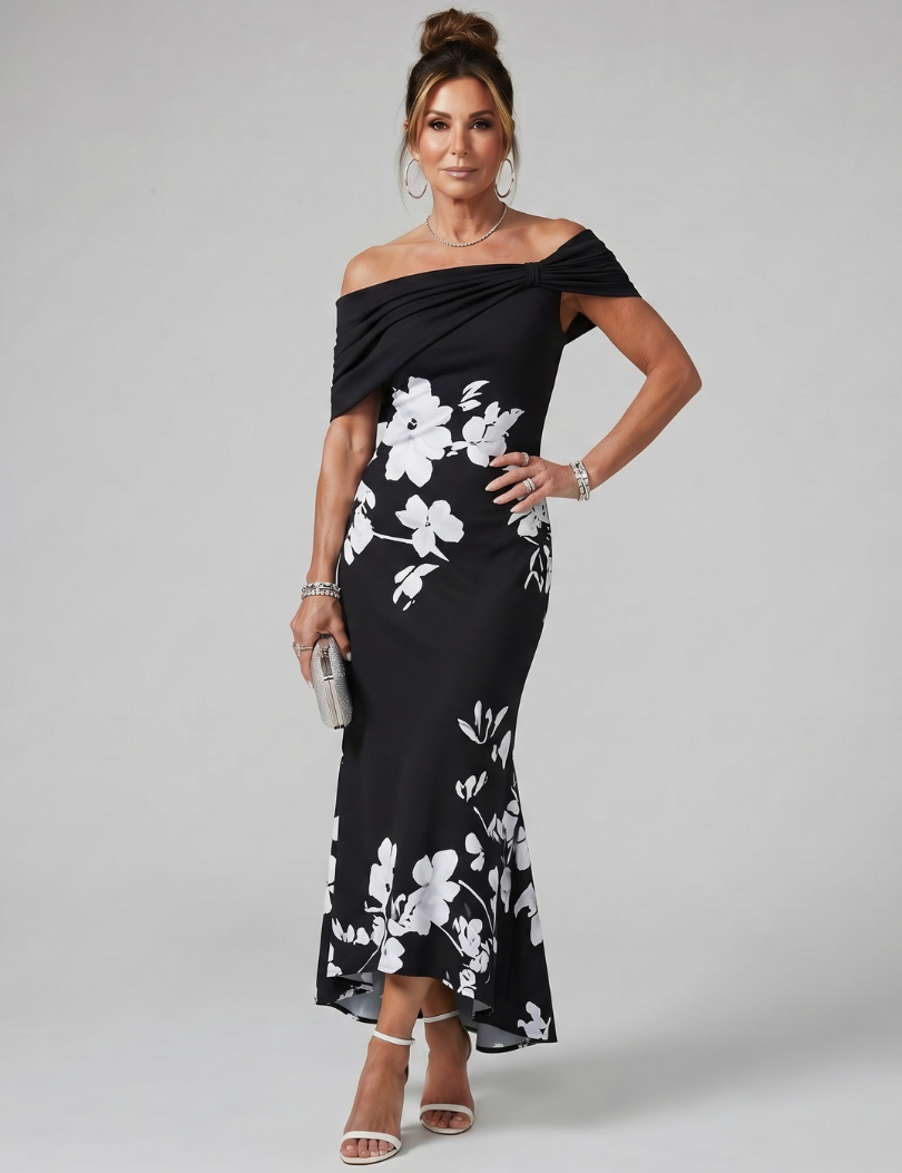 Cosma | Robe Midi à Encolure Drapée Off Shoulder
