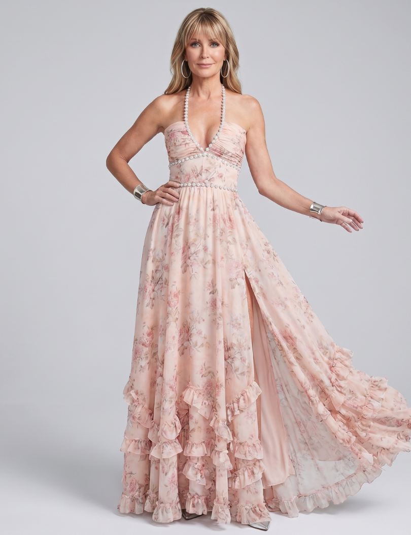 Alessia | Robe Maxi à Bretelles Halter en Fleurs Brodées