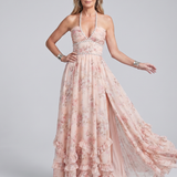 Alessia | Robe Maxi à Bretelles Halter en Fleurs Brodées