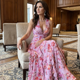 Nori | Robe Maxi Fleurie à Encolure Halter et Corps Froncé
