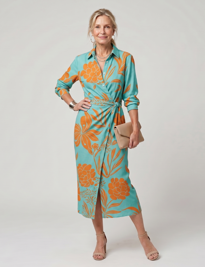 Leya | Robe midi à manches longues avec col et motif rayé