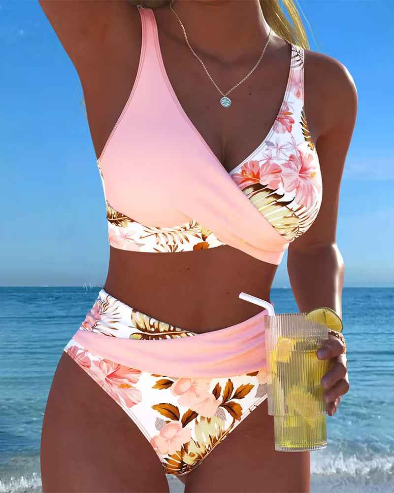 Bikini avec motif floral contrastant et fente
