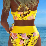 Bikini avec motif floral contrastant et fente