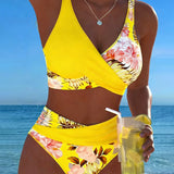 Bikini avec motif floral contrastant et fente